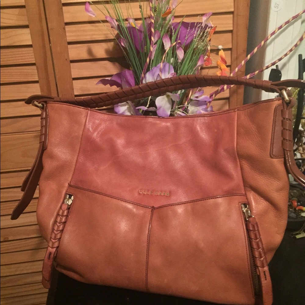 Cognac Tan Leather Braided Shoulder Bag